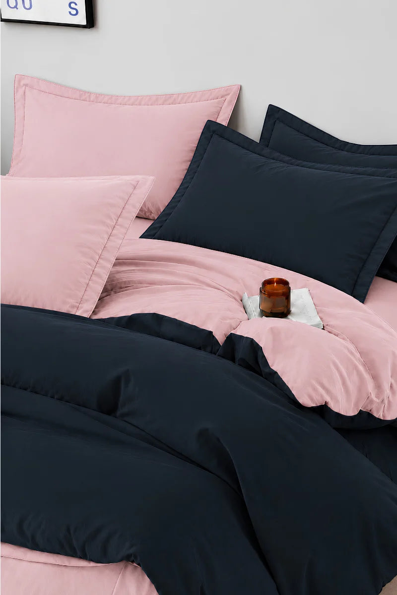 Navy Blue & Blush Pink Reversible 6-Piece Duvet Cover Set