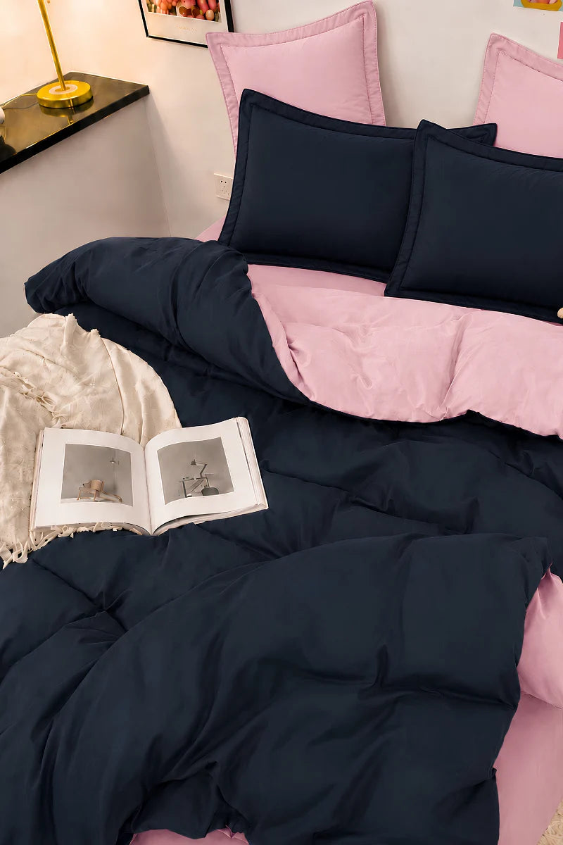 Navy Blue & Blush Pink Reversible 6-Piece Duvet Cover Set