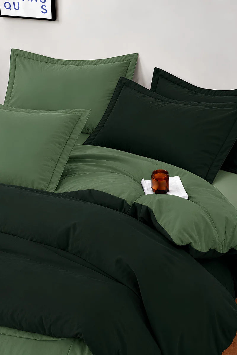 Forest Green & Sage Green Reversible 6-Piece Duvet Cover Set
