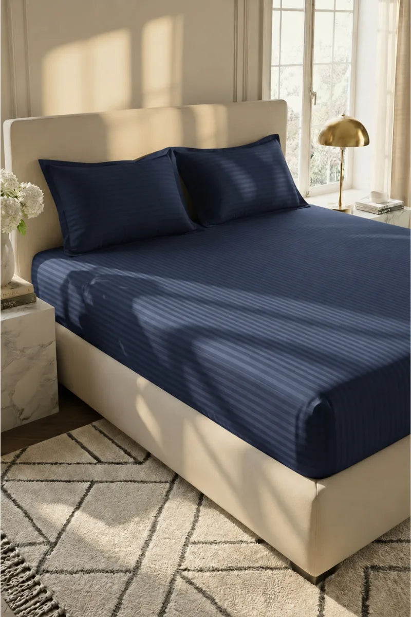 Navy Blue Stripe Fitted Bedsheet - King Size