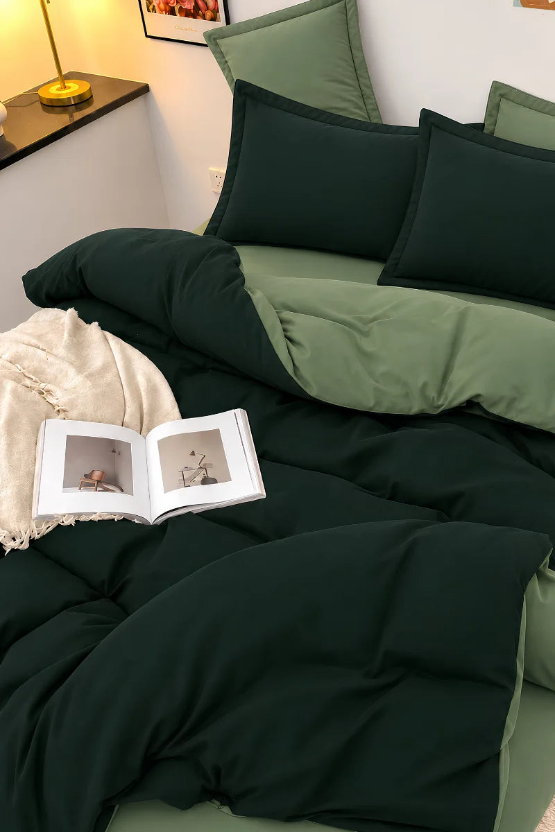 Forest Green & Sage Green Reversible 6-Piece Duvet Cover Set