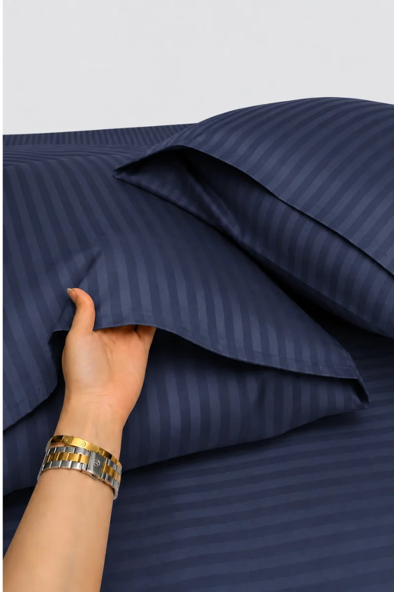 Navy Blue Stripe Fitted Bedsheet - King Size