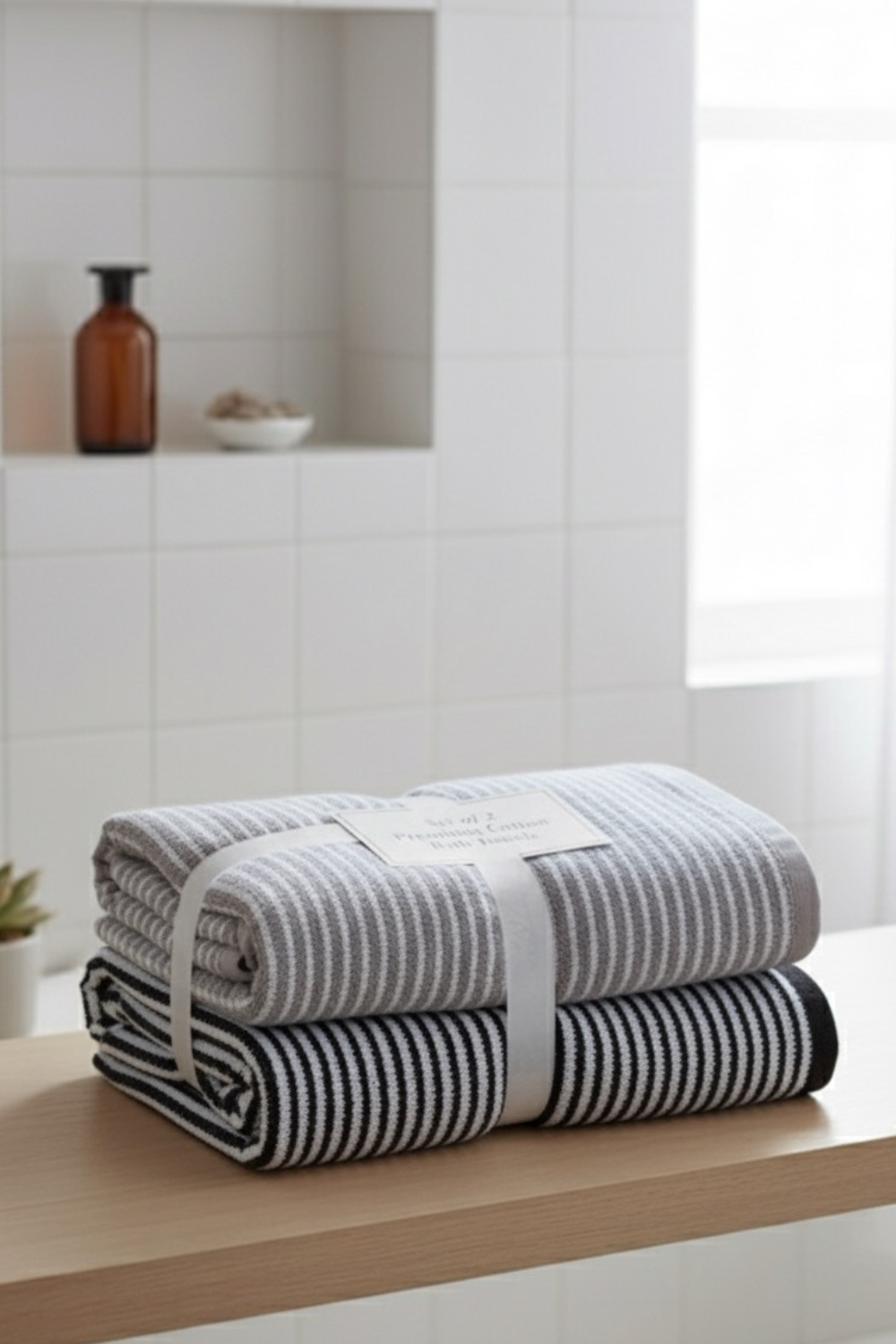 Luxury Cotton Stripe Towel Set – Pack of 2 (Grey & Brown)