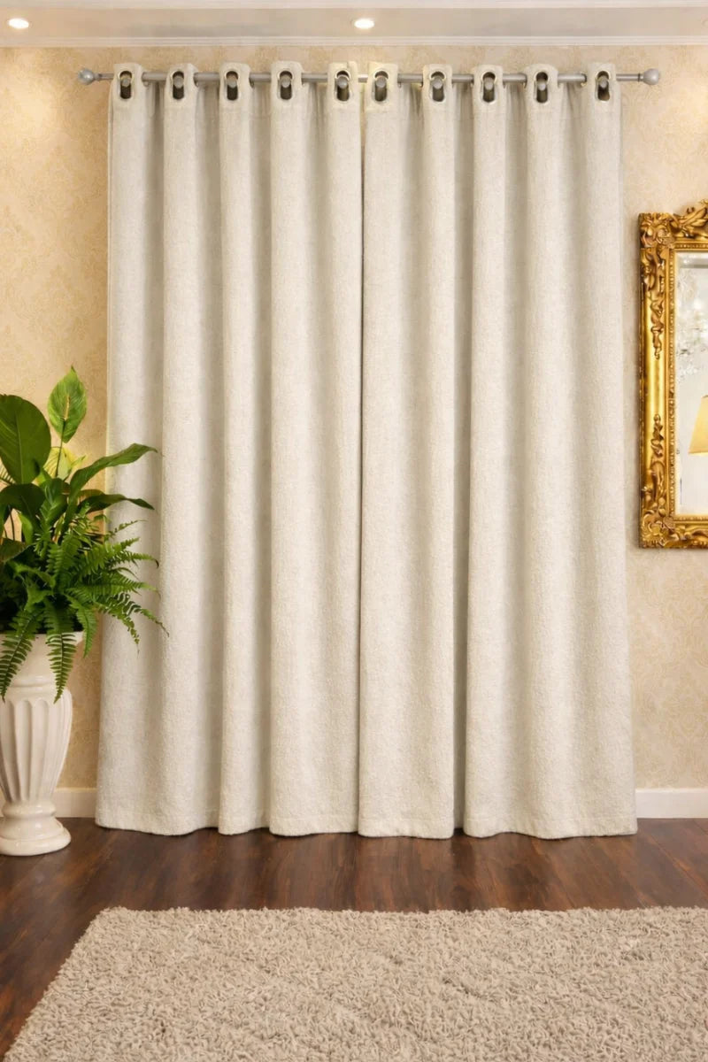 Off-White Soft Terry Fabric Curtain Set – Plush & Cozy Home Décor