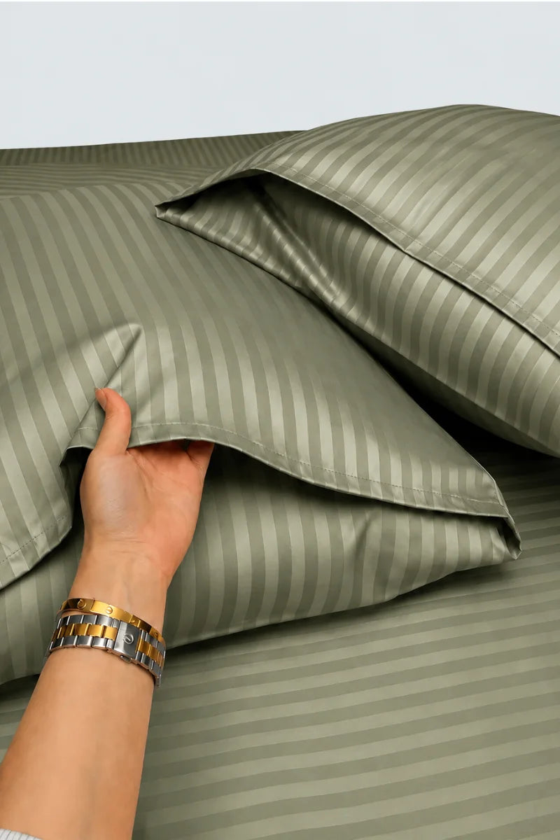 Sage Green Stripe Fitted Bedsheet - King Size