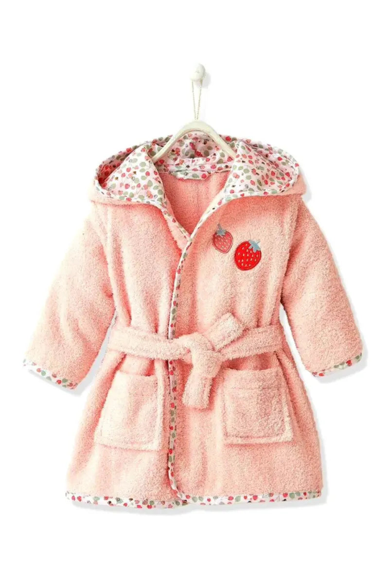 Strawberry Hooded Kids Bathrobe – Pink (Ages 9 Months to 3 Years)