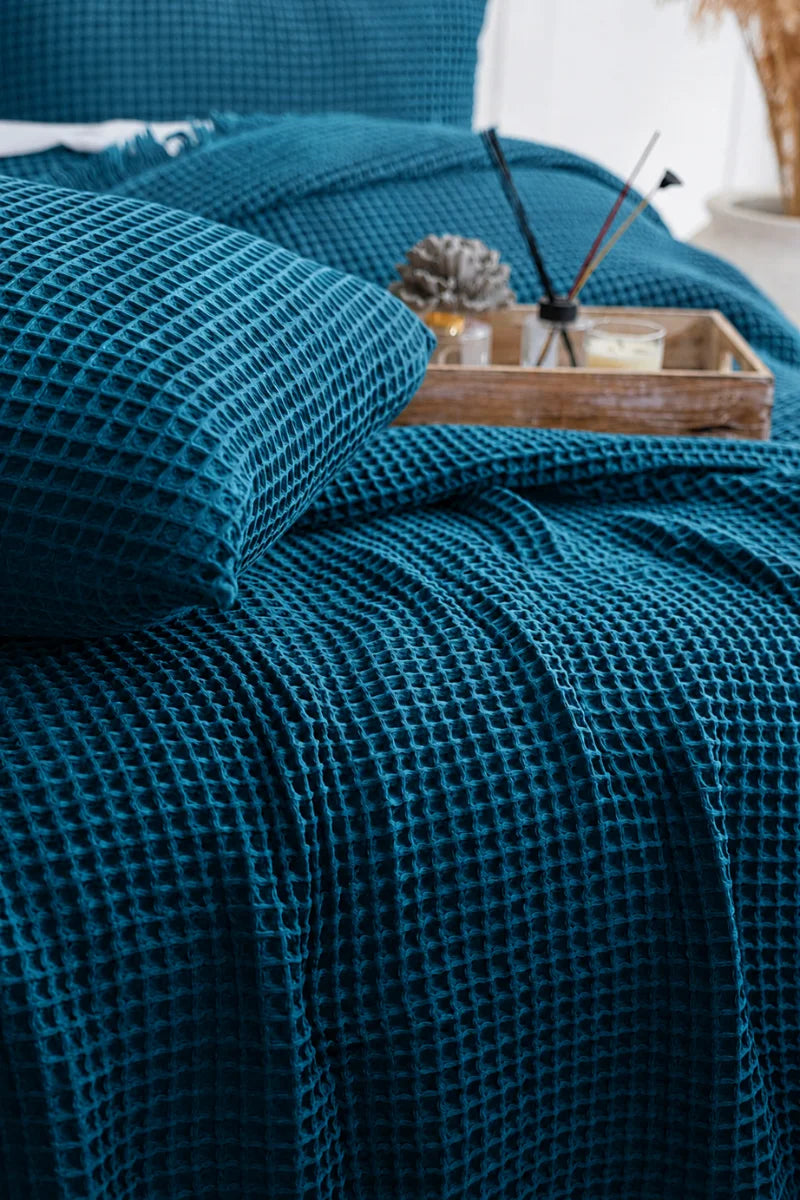 Teal Blue Cotton Blanket – Breathable Waffle Texture