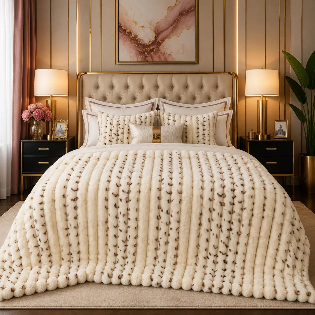 Luxury Cream & Soft Brown Dotted Striped Bubble Design Fluffy Fleece Double Bed AC Blanket (220 GSM)