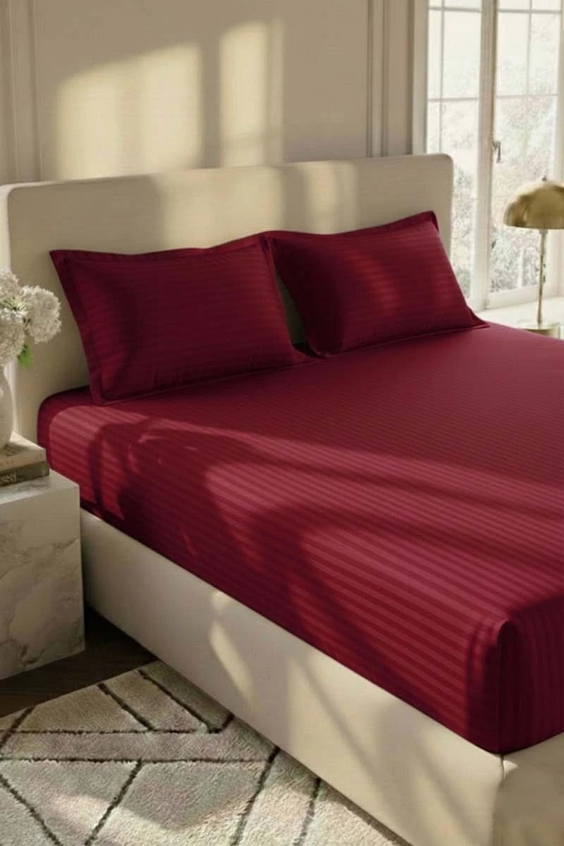 Wine Red Stripe Fitted Bedsheet - King Size