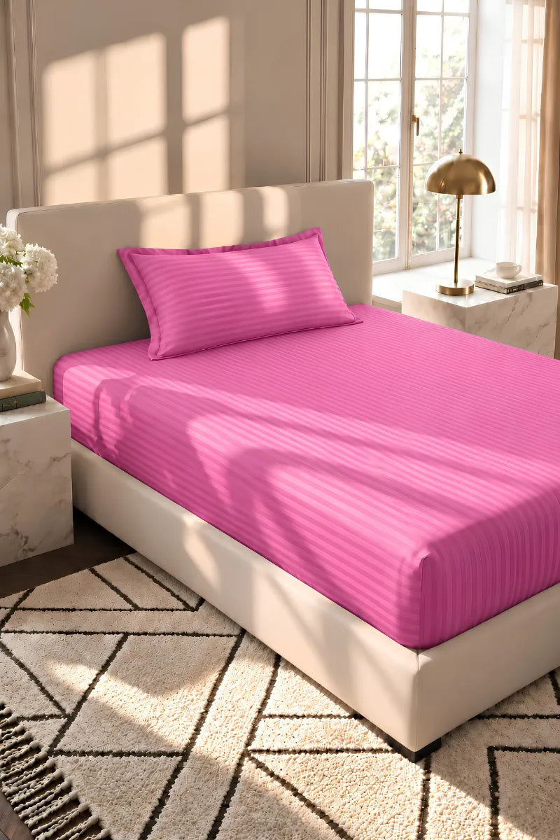 Rose Pink Stripe Fitted Bedsheet - King Size