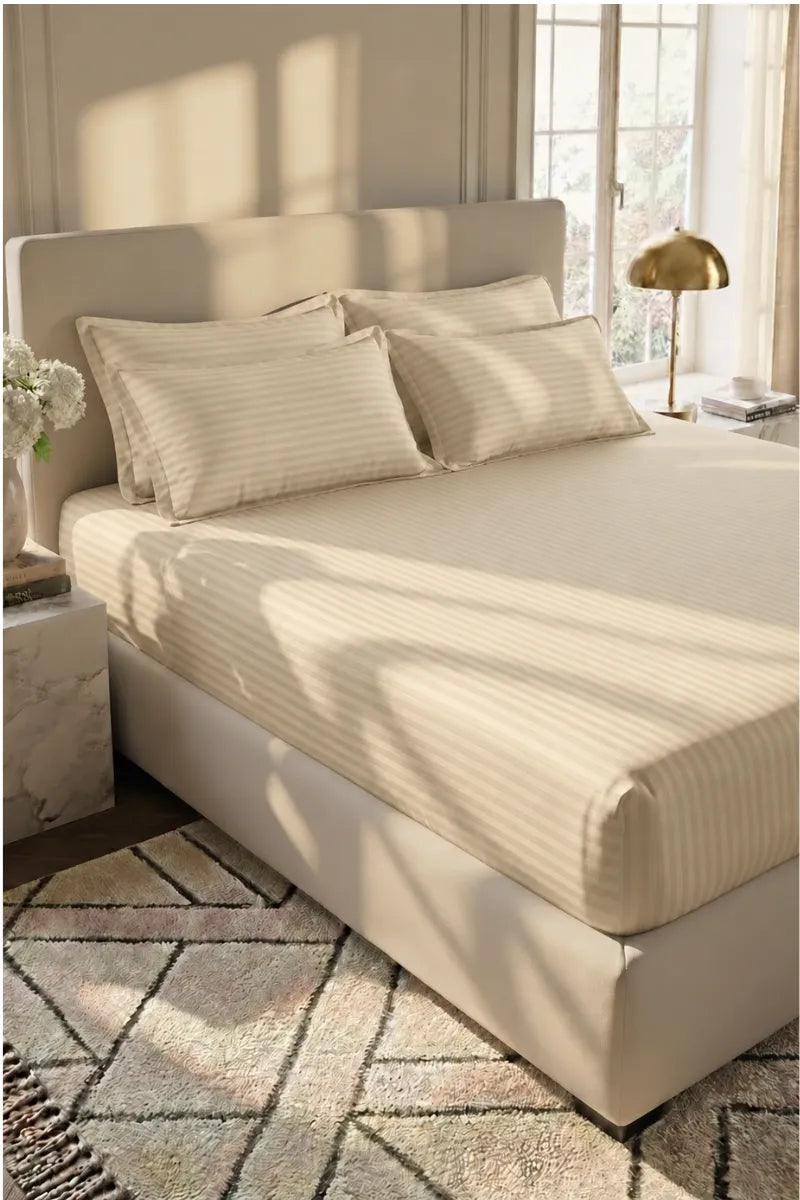 Soft Beige Stripe Fitted Bedsheet - King Size