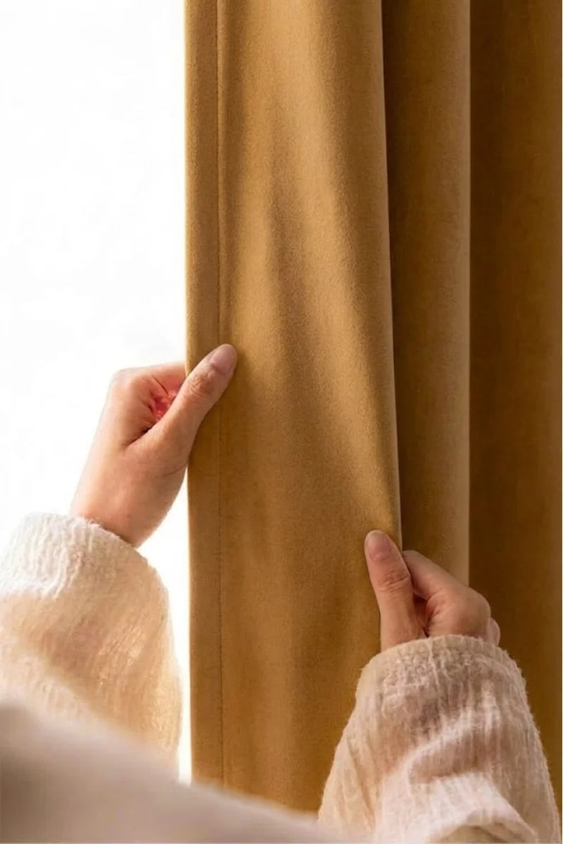 Camel Brown Solid Velvet Curtains - Set of 2 Panels