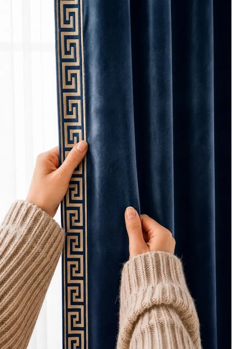 Navy Blue Designer Border Velvet Curtains – Set of 2 Panels