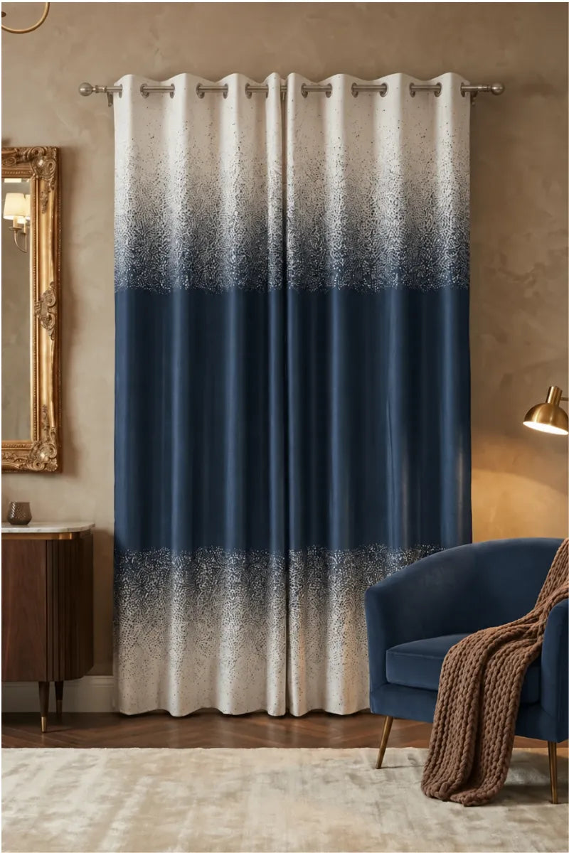 Midnight Navy Blue (#2D3E4F) Speckled Ombre Velvet Curtains – Set of 2 Panels