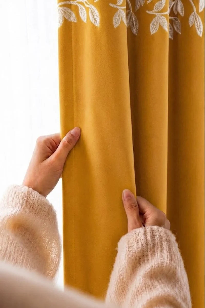 Mustard Yellow Floral Vine Velvet Curtains – Set of 2 Panels