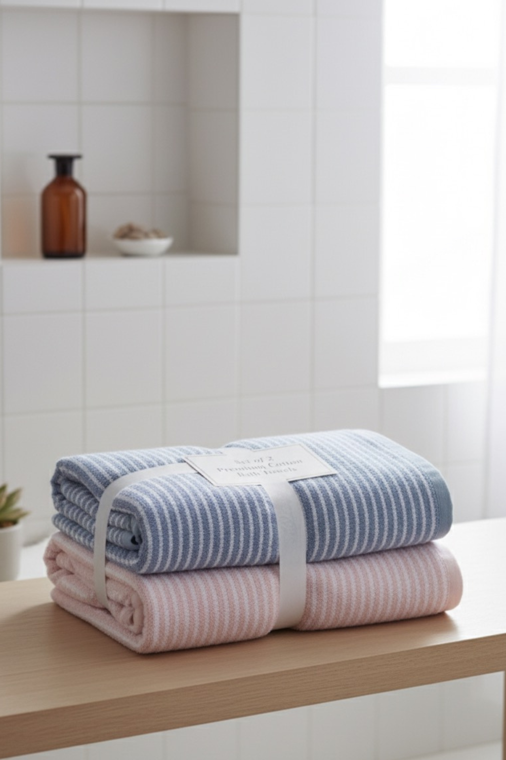 Soft Cotton Stripe Towel Set – Pack of 2 (Pink & Blue)