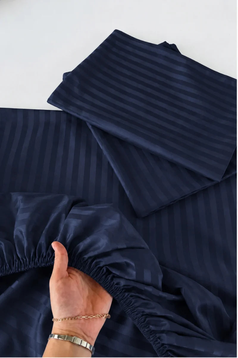 Navy Blue Stripe Fitted Bedsheet - King Size