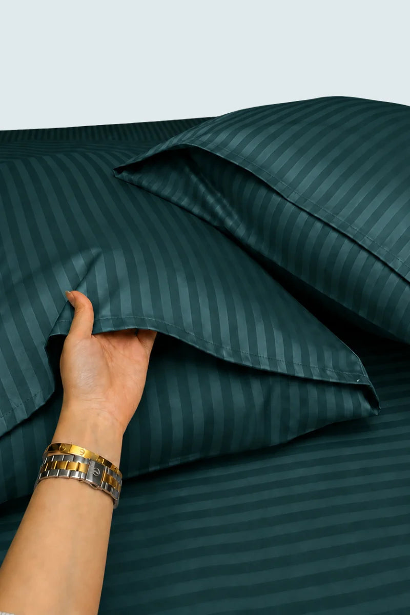 Dark Green Stripe Fitted Bedsheet - King Size