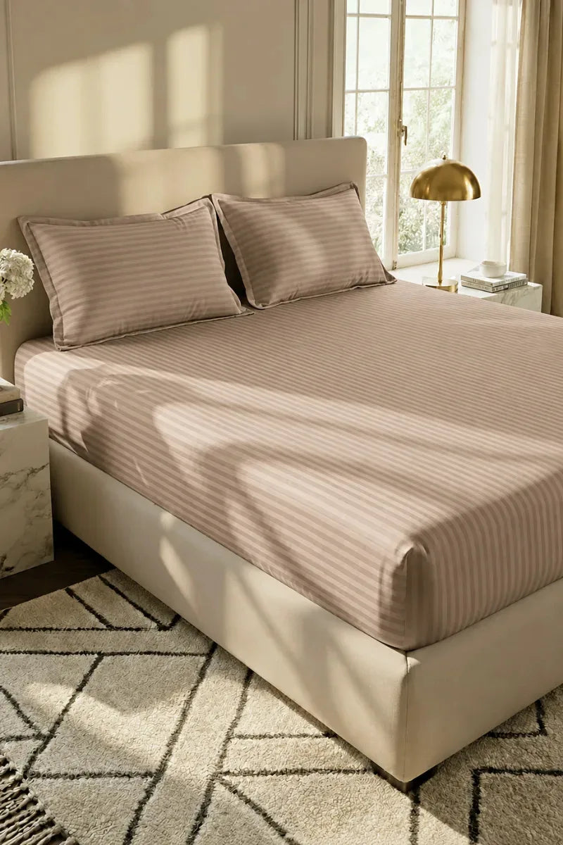Light Coffee Stripe Fitted Bedsheet - King Size