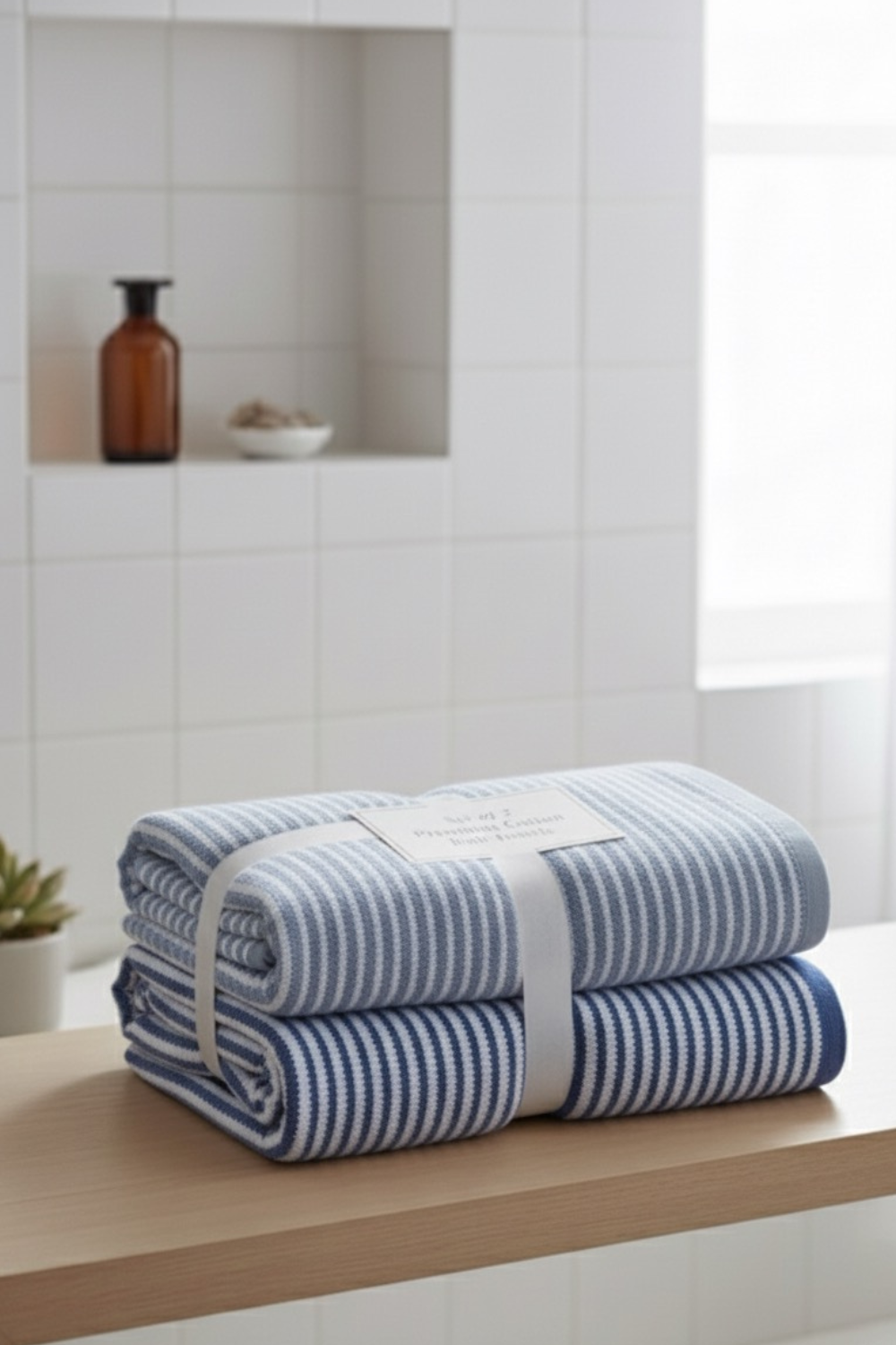 Cotton Stripe Bath Towel Set – Pack of 2 (Light Grey & Blue Dark)
