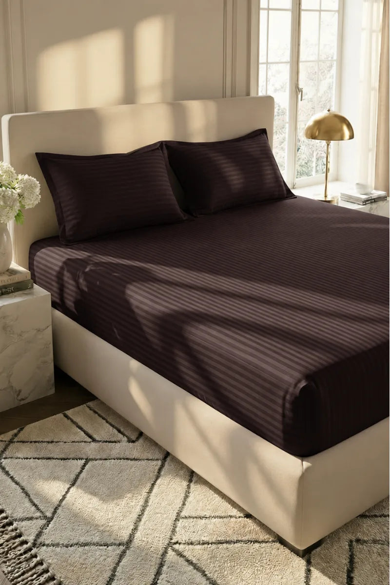 Dark Chocolate Brown Stripe Fitted Bedsheet - King Size