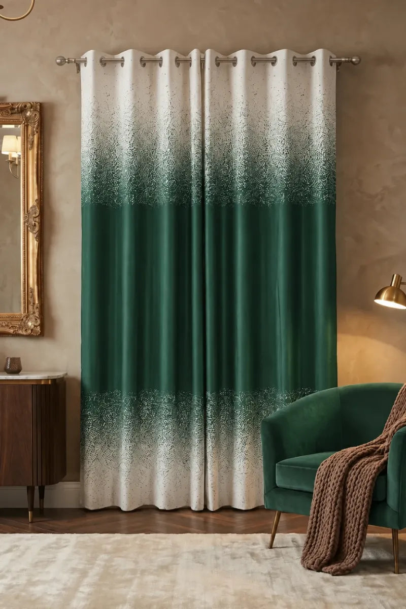 Deep Teal Green (#2F594A) Speckled Ombre Velvet Curtains – Set of 2 Panels