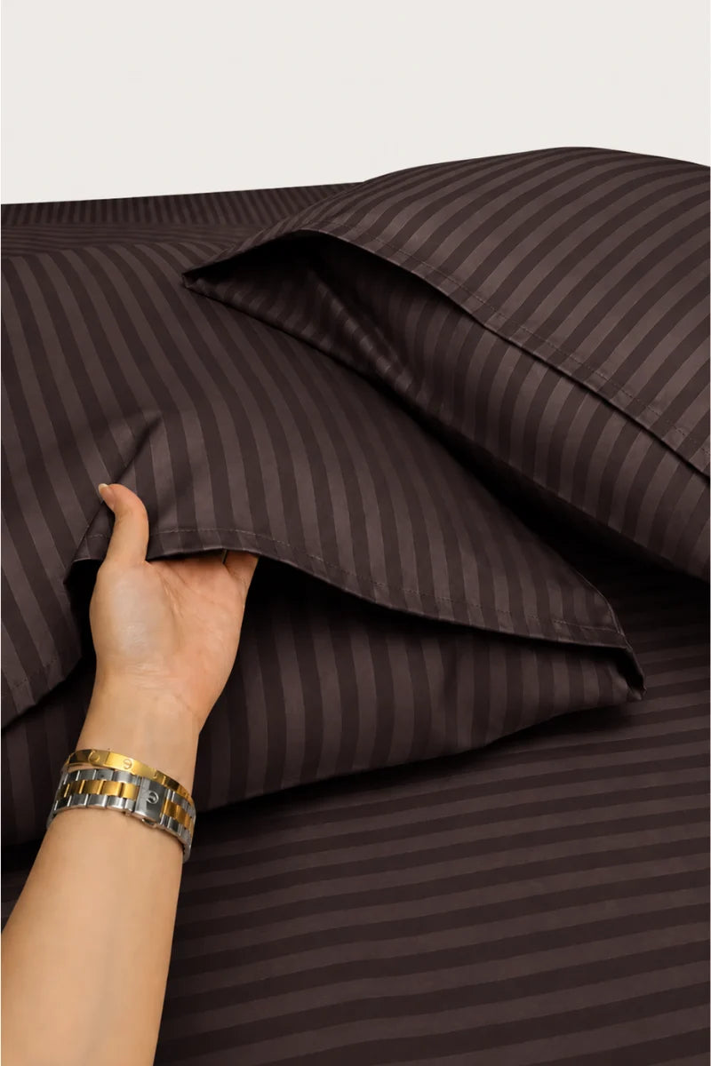 Dark Chocolate Brown Stripe Fitted Bedsheet - King Size