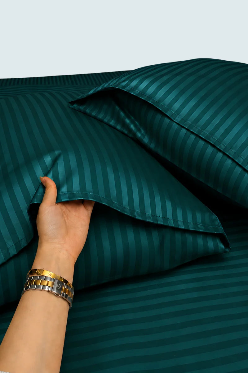 Deep Teal Green Stripe Fitted Bedsheet - King Size