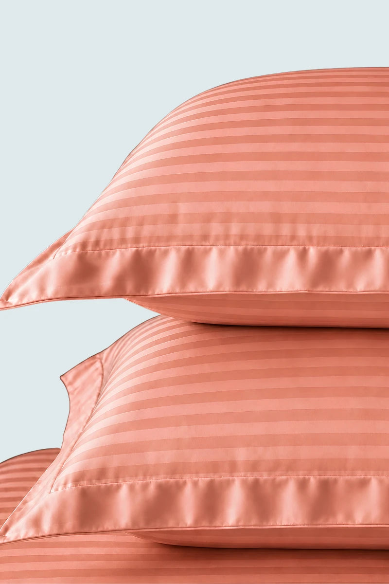 Peach Coral Stripe Fitted Bedsheet - King Size