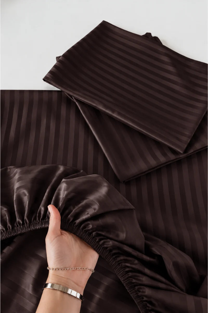 Dark Chocolate Brown Stripe Fitted Bedsheet - King Size