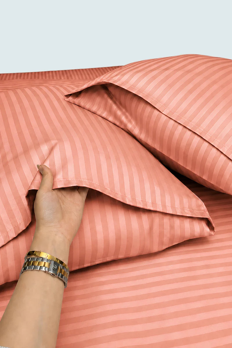 Peach Coral Stripe Fitted Bedsheet - King Size
