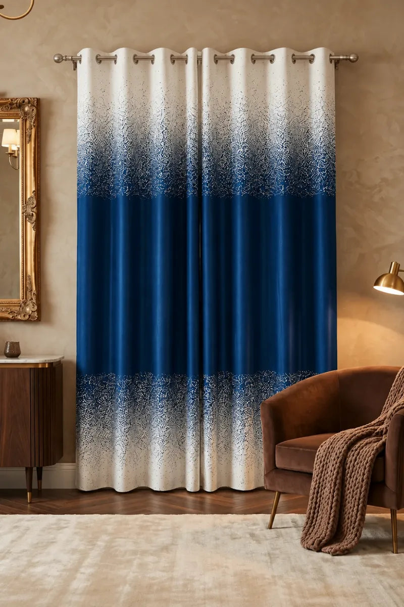 Dark Navy Blue (#063B73) Speckled Ombre Velvet Curtains – Set of 2 Panels