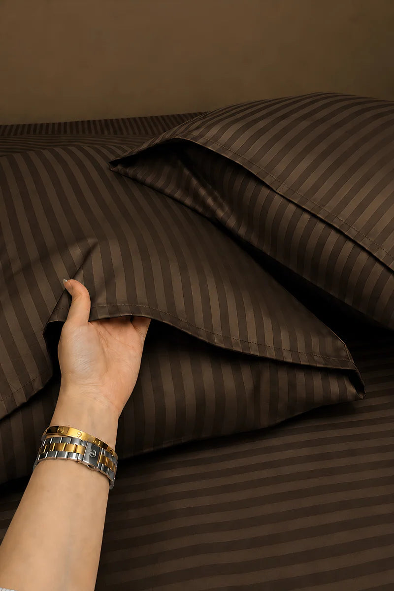 Dark Brown Stripe Fitted Bedsheet - King Size