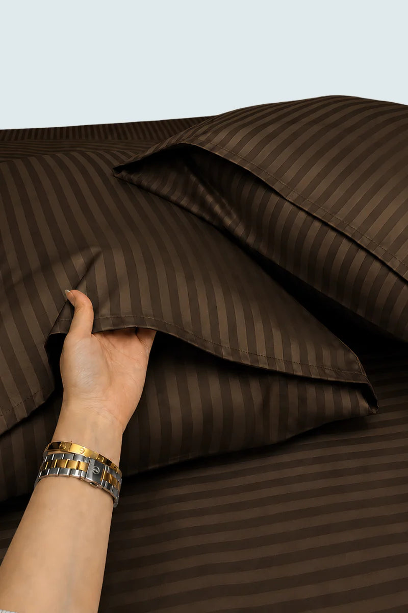 Dark Chocolate Brown Stripe Fitted Bedsheet - King Size