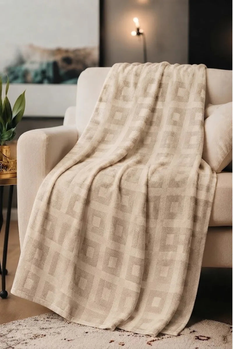Ivory Cream Thermal Cotton Blanket – Geometric Weave Texture