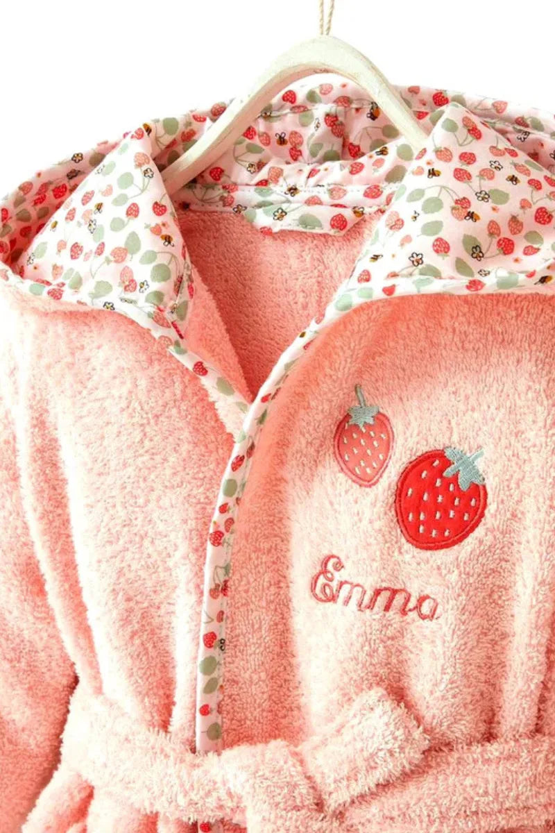 Strawberry Hooded Kids Bathrobe – Pink (Ages 9 Months to 3 Years)