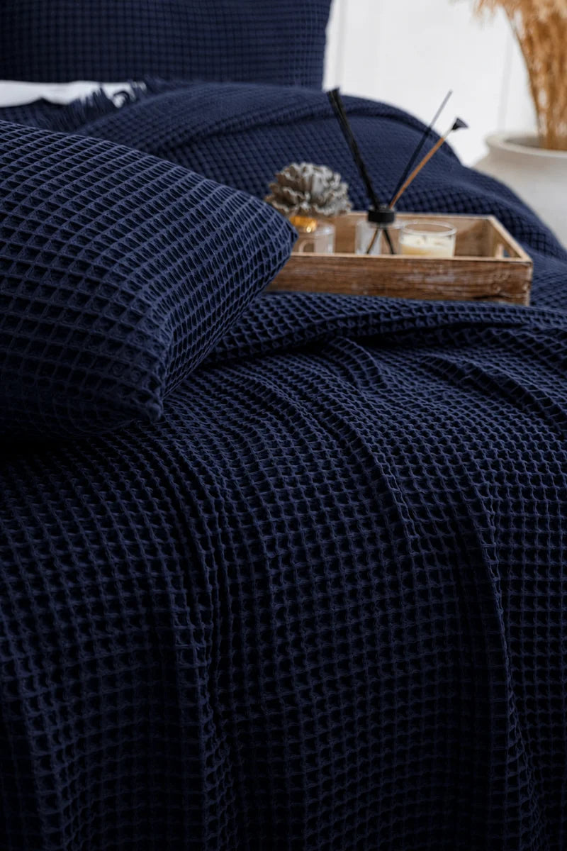 Navy Blue Cotton Blanket – Breathable Waffle Texture