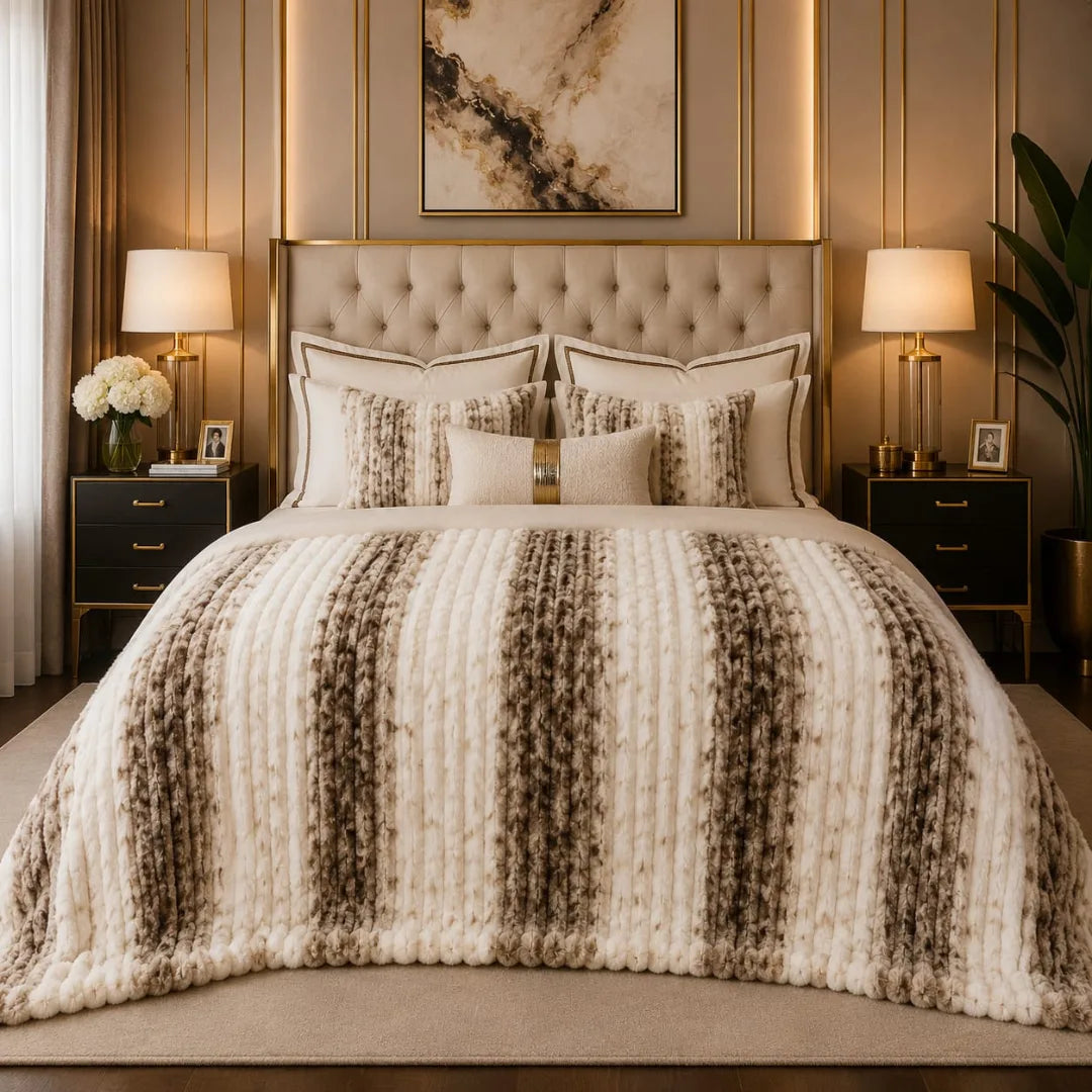 Luxury Taupe Brown & Cream Broad Striped Bubble Design Fluffy Fleece Double Bed AC Blanket (220 GSM)