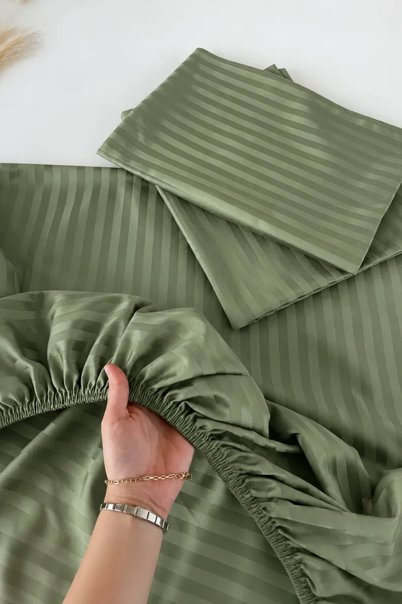 Sage Green Stripe Fitted Bedsheet - King Size