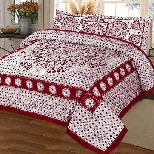 Premium Fomi Four Border Jacquard Bed Sheet Set – 5 Pcs: 1 Fomi Bed Sheet, 2 Pillow Covers, 1 Cushion Cover