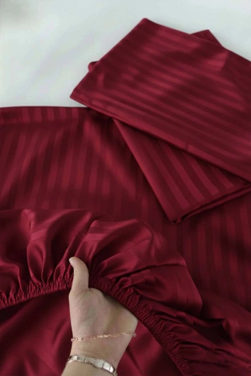 Wine Red Stripe Fitted Bedsheet - King Size