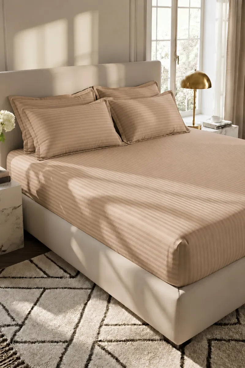 Sand Beige Stripe Fitted Bedsheet - King Size