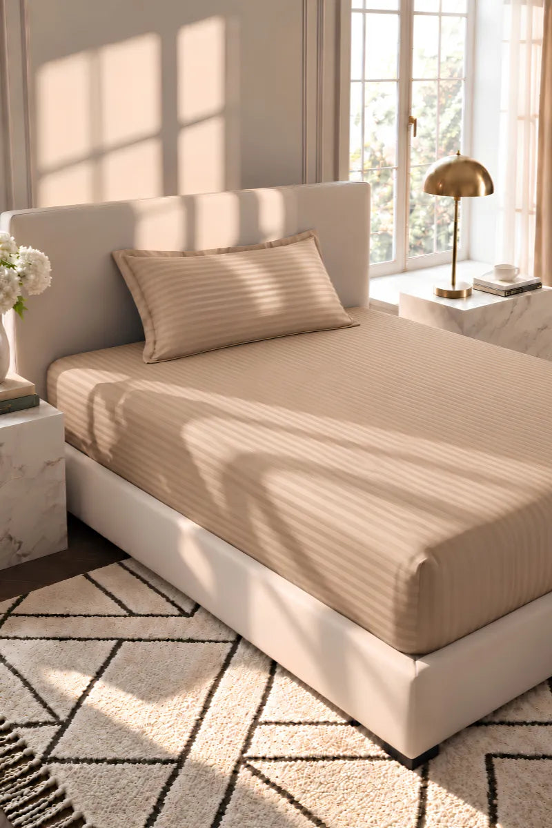 Sand Beige Stripe Fitted Bedsheet - King Size