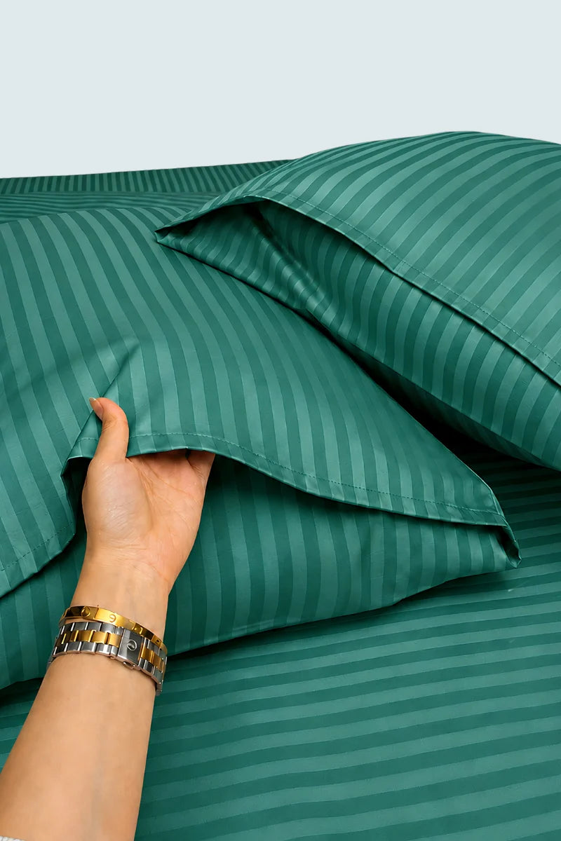 Teal Green Stripe Fitted Bedsheet - King Size
