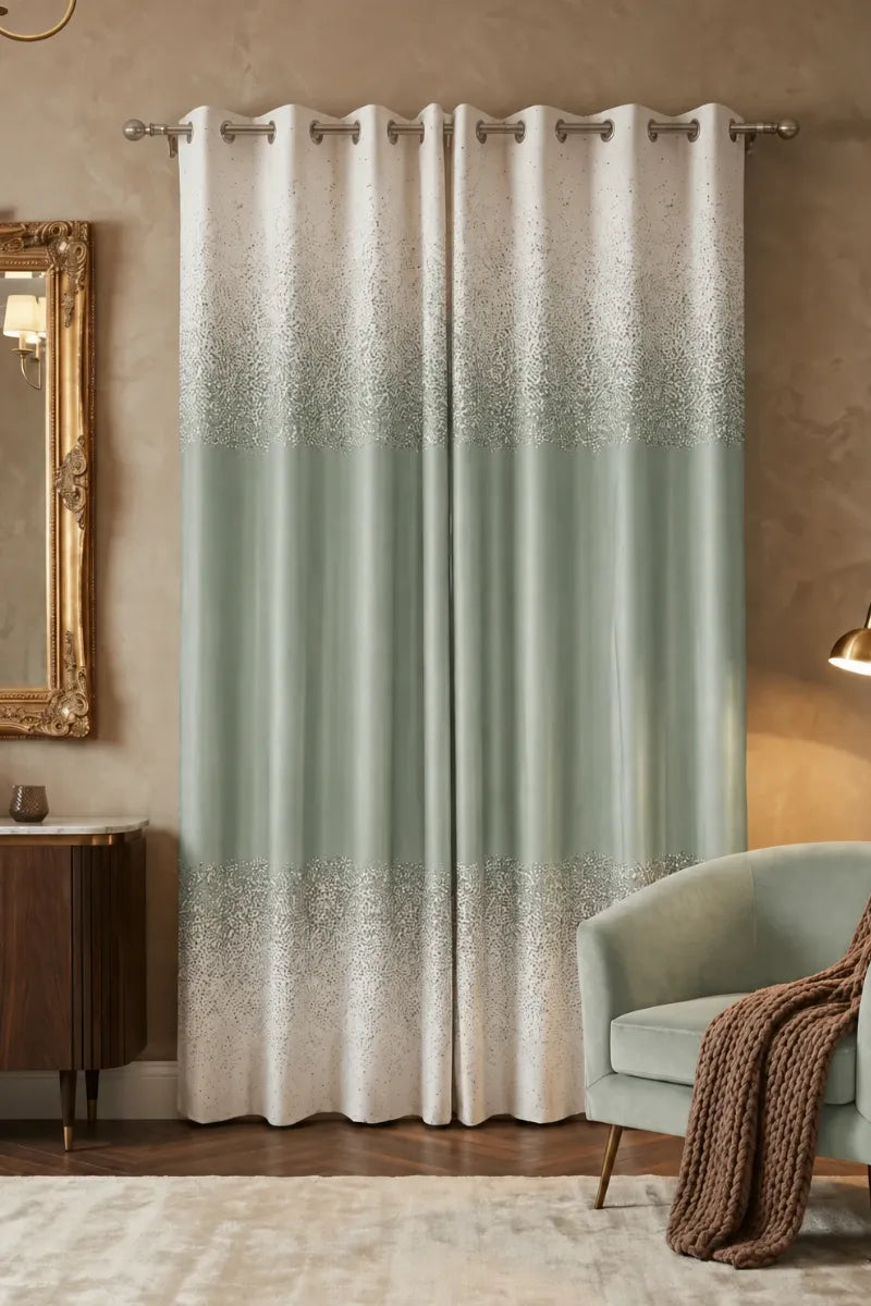 Misty Sage Green (#BBC9BE) Speckled Ombre Velvet Curtains – Set of 2 Panels