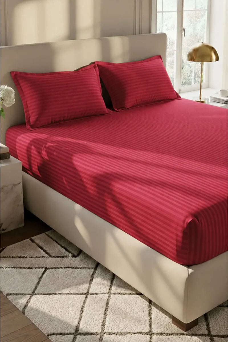 Scarlet Satin Stripe Fitted Bedsheet - King Size