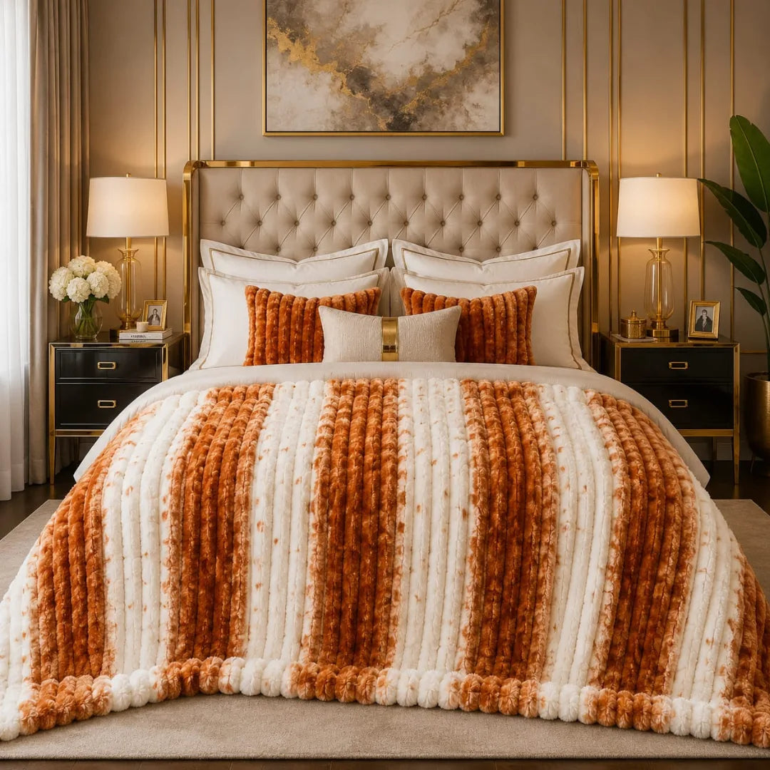 Luxury Burnt Orange, Rust & Cream Broad Striped Bubble Design Fluffy Fleece Double Bed AC Blanket (220 GSM)