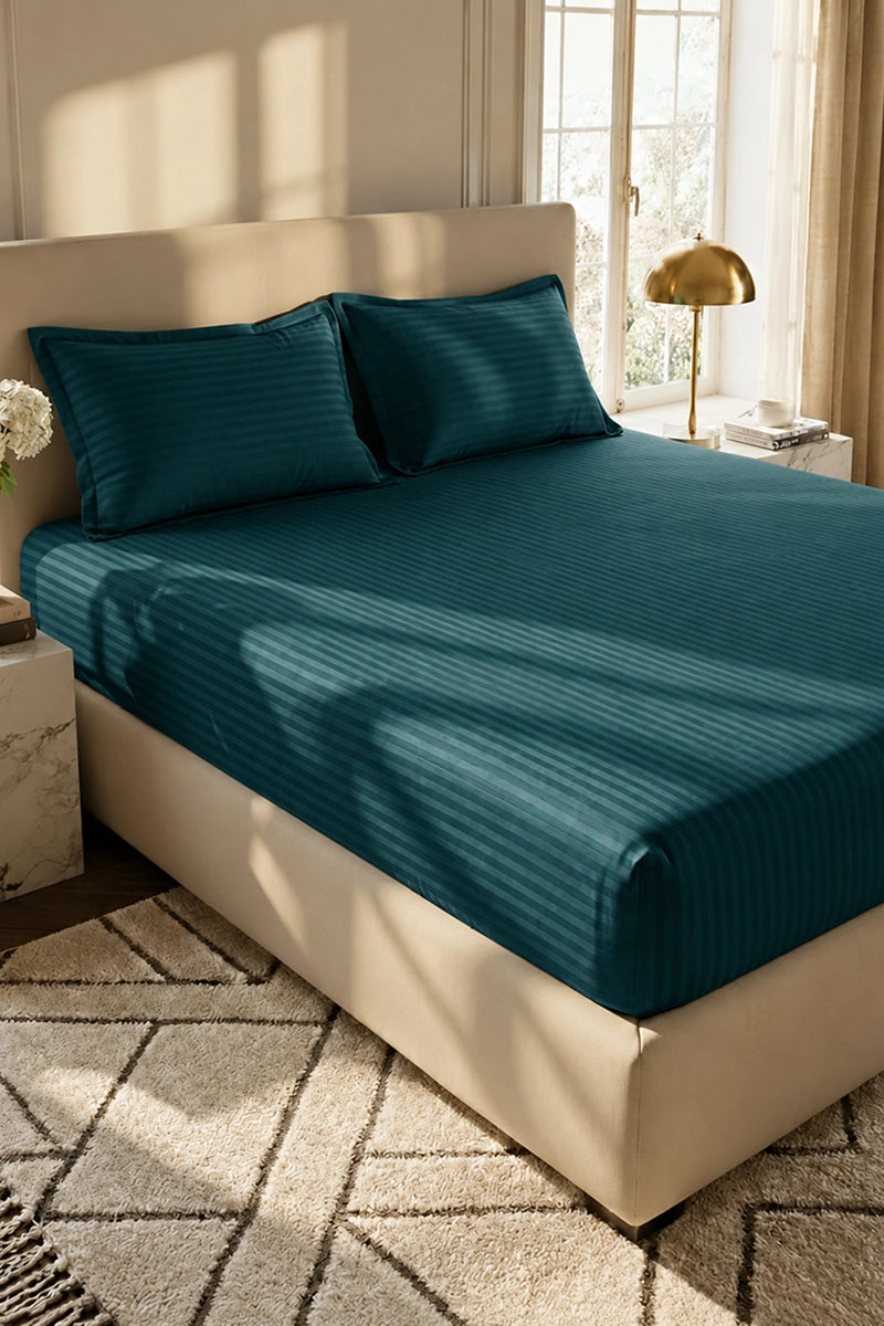 Dark Cyan Stripe Fitted Bedsheet - King Size