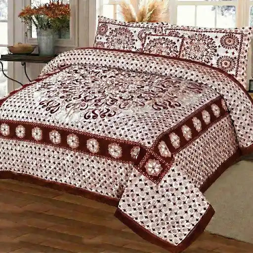 Premium Fomi Four Border Jacquard Bed Sheet Set – 5 Pcs: 1 Fomi Bed Sheet, 2 Pillow Covers, 1 Cushion Cover