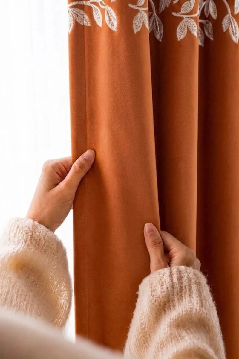 Rust Orange Floral Vine Velvet Curtains – Set of 2 Panels